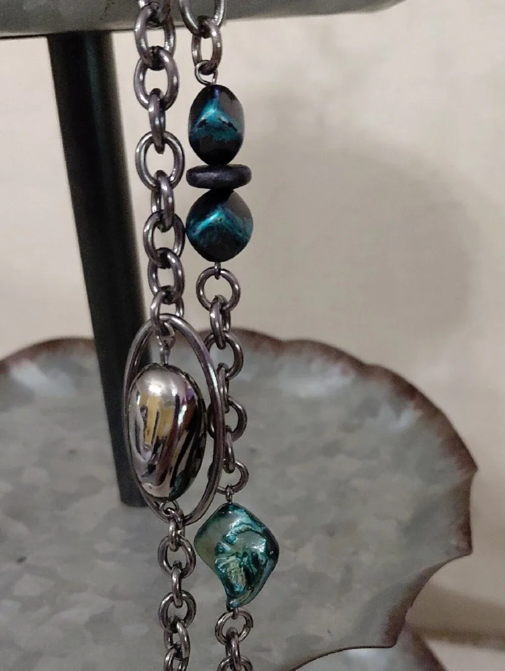 Long Silver Chain Necklace with Teal Beads